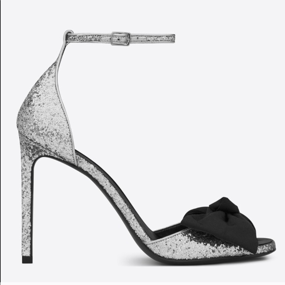 Saint Laurent Silver Glitter Heels with Bow Detail - Picture 2 of 8